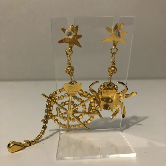 Lunch At The Ritz Gold And Black Crystal Spider Spiderweb Dangle Earrings - Picture 4 of 8